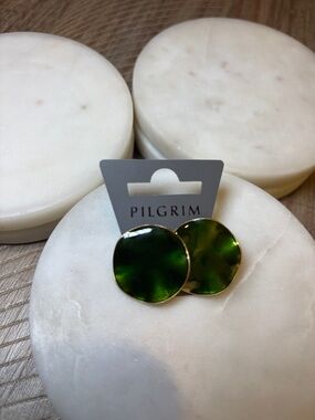178 Pilgrim Gold-Trim Dark Green Enamel Disc Earrings